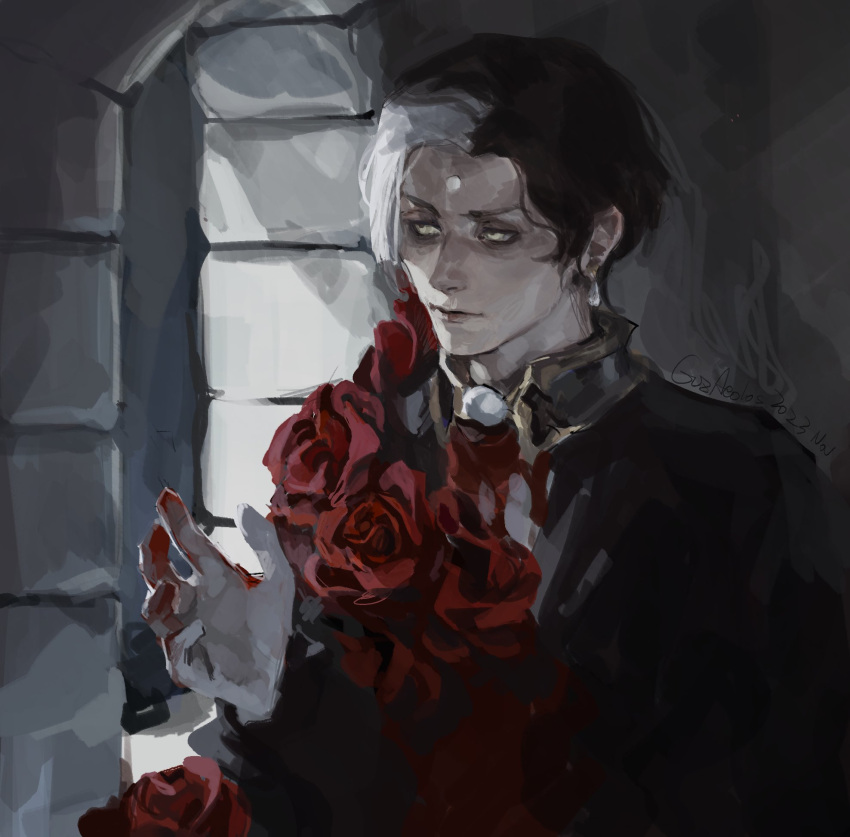 1boy artist_name black_coat blood blood_on_hands brown_hair coat dated earrings emet-selch expressionless final_fantasy final_fantasy_xiv flower garlean gloves guzaeolos hand_up highres jewelry looking_to_the_side male_focus multicolored_hair realistic red_flower red_rose rose short_hair signature solo third_eye two-tone_hair upper_body white_gloves white_hair window yellow_eyes