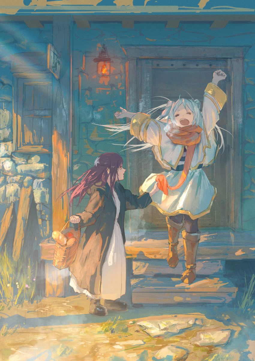 2girls absurdres arms_up bag black_jacket blunt_bangs bread brown_footwear capelet closed_eyes door dress fern_(sousou_no_frieren) food frieren hair_between_eyes highres holding holding_bag house jacket long_hair looking_at_another multiple_girls neg_(101neg) open_mouth outdoors pointy_ears purple_hair red_scarf scarf scenery shadow short_eyebrows sousou_no_frieren stairs standing sunlight teeth thick_eyebrows upper_teeth_only wall white_capelet white_dress white_hair yawning