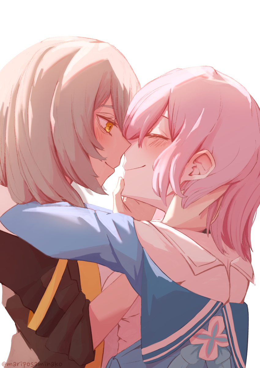 2girls absurdres artist_name black_jacket blue_jacket blush closed_eyes closed_mouth commentary couple english_commentary eye_contact face-to-face from_side hand_in_another's_hair hand_on_another's_chin hand_on_another's_face highres honkai:_star_rail honkai_(series) hug imminent_kiss jacket long_hair long_sleeves looking_at_another march_7th_(honkai:_star_rail) mariposa_minako medium_hair multiple_girls pink_hair profile shirt simple_background sleeve_rolled_up smile stelle_(honkai:_star_rail) trailblazer_(honkai:_star_rail) twitter_username upper_body white_background white_shirt yellow_eyes yuri