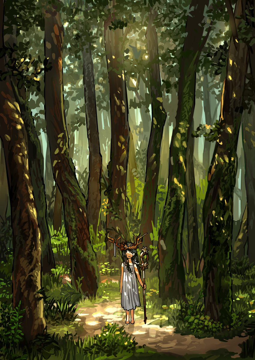 1girl absurdres bare_arms bare_legs bush closed_mouth commentary crown dappled_sunlight day dress english_commentary forest full_body grass highres holding holding_staff moss myango_(applemangocrape) nature original outdoors sleeveless sleeveless_dress solo staff sunlight tree white_dress