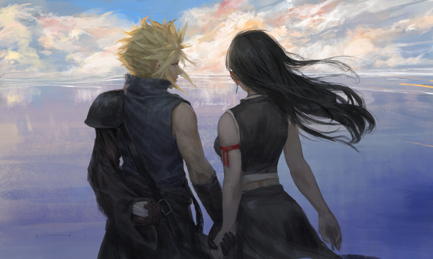 1boy 1girl absurdres apron arm_ribbon bare_shoulders black_apron black_gloves black_hair black_sleeves black_vest blonde_hair blue_eyes blue_sky breasts closed_mouth cloud_strife clouds cloudy_sky commentary couple cowboy_shot crop_top detached_sleeves earrings english_commentary final_fantasy final_fantasy_vii final_fantasy_vii_advent_children floating_hair from_behind gloves highres holding_hands horizon jewelry large_breasts long_hair looking_at_another looking_to_the_side ocean outdoors popped_collar red_ribbon ribbon shirt single_bare_shoulder single_detached_sleeve single_earring single_shoulder_pad sky sleeveless sleeveless_shirt spiky_hair stud_earrings tank_top teardrop_earrings tifa_lockhart twitter_username vest waist_apron white_tank_top zoewingsz