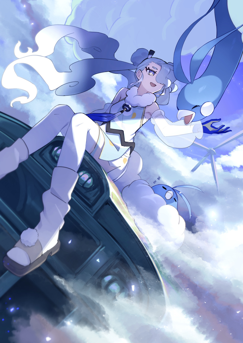 1girl :d absurdres altaria blue_eyes blue_gloves bright_pupils clouds commentary day detached_sleeves evolutionary_line eyelashes floating_hair flying_miku_(project_voltage) from_below gloves hair_over_one_eye hair_ribbon hand_up hatsune_miku highres knees kuusou_ressha_(vocaloid) loose_socks open_mouth outdoors pokemon pokemon_(creature) project_voltage ribbon see-through see-through_sleeves shoes sitting sky smile socks swablu tamago_sando twintails vocaloid white_pupils white_socks zzz