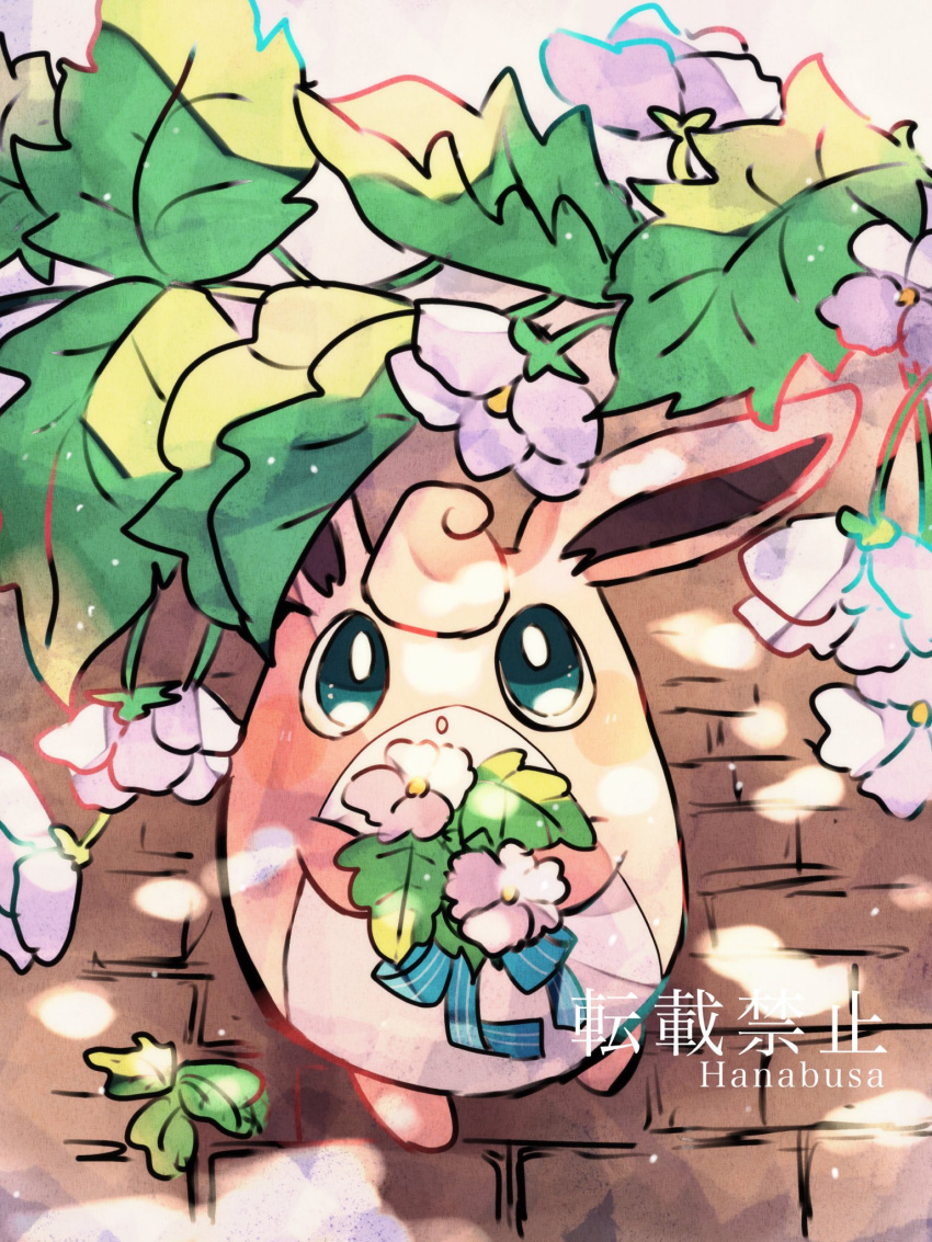 :o animal_focus artist_name blue_bow blue_eyes bow brick_road colored_skin commentary_request flower from_above hanabusaoekaki highres holding holding_flower no_humans pink_flower pink_skin pokemon pokemon_(creature) solo walking wigglytuff