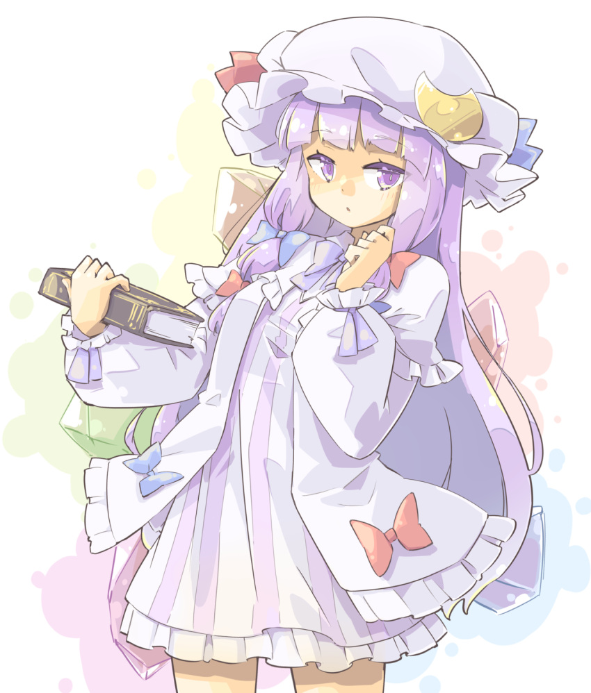 1girl arm_up arnest blue_bow blue_ribbon blunt_bangs book bow commentary crescent crescent_hat_ornament dress dress_bow frilled_dress frills hair_bow hat hat_ornament hat_ribbon highres holding holding_book light_blush long_hair mob_cap parted_lips patchouli_knowledge puffy_sleeves purple_hair red_bow red_ribbon ribbon robe shaded_face simple_background solo touhou very_long_hair violet_eyes