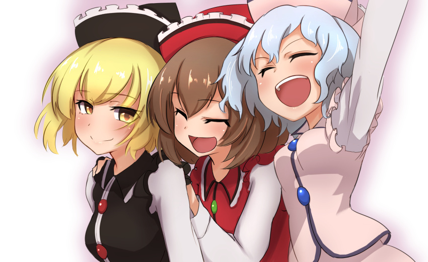 3girls arm_up black_headwear black_vest blonde_hair blue_hair blush breasts brown_hair buttons closed_eyes closed_mouth collared_vest commentary_request double-parted_bangs hands_on_another's_shoulders happy hat highres long_sleeves looking_at_viewer lunasa_prismriver lyrica_prismriver merlin_prismriver multiple_girls open_mouth pink_headwear pink_vest red_headwear red_vest shirt short_hair siblings sisters small_breasts smile teeth touhou upper_body upper_teeth_only vanishingknife vest white_background white_shirt yellow_eyes
