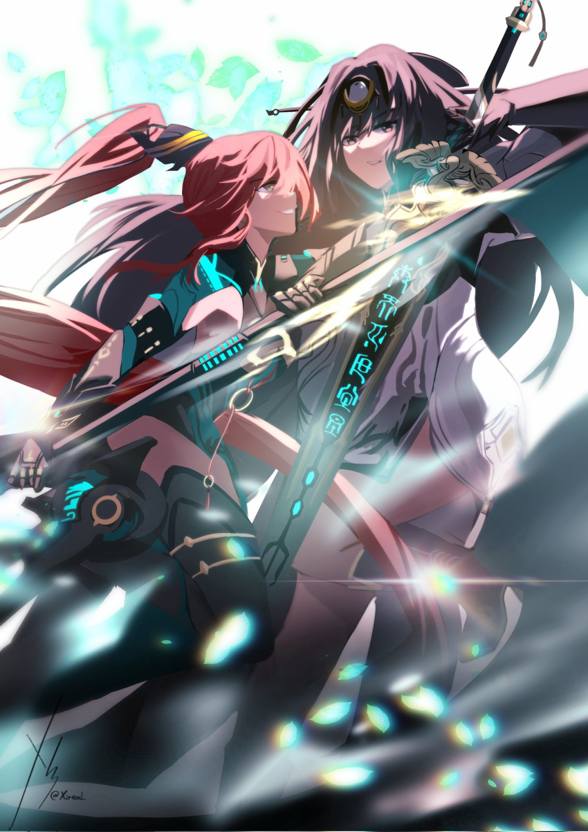 2girls black_dress black_hair black_shirt brown_eyes dress dual_wielding fighting forehead_jewel highres holding holding_polearm holding_sword holding_weapon long_hair mechanical_arms mechanical_legs multiple_girls parted_lips polearm ponytail punishing:_gray_raven qu_(punishing:_gray_raven) red_eyes shirt signature sword vera_(punishing:_gray_raven) very_long_hair weapon white_dress xirenl