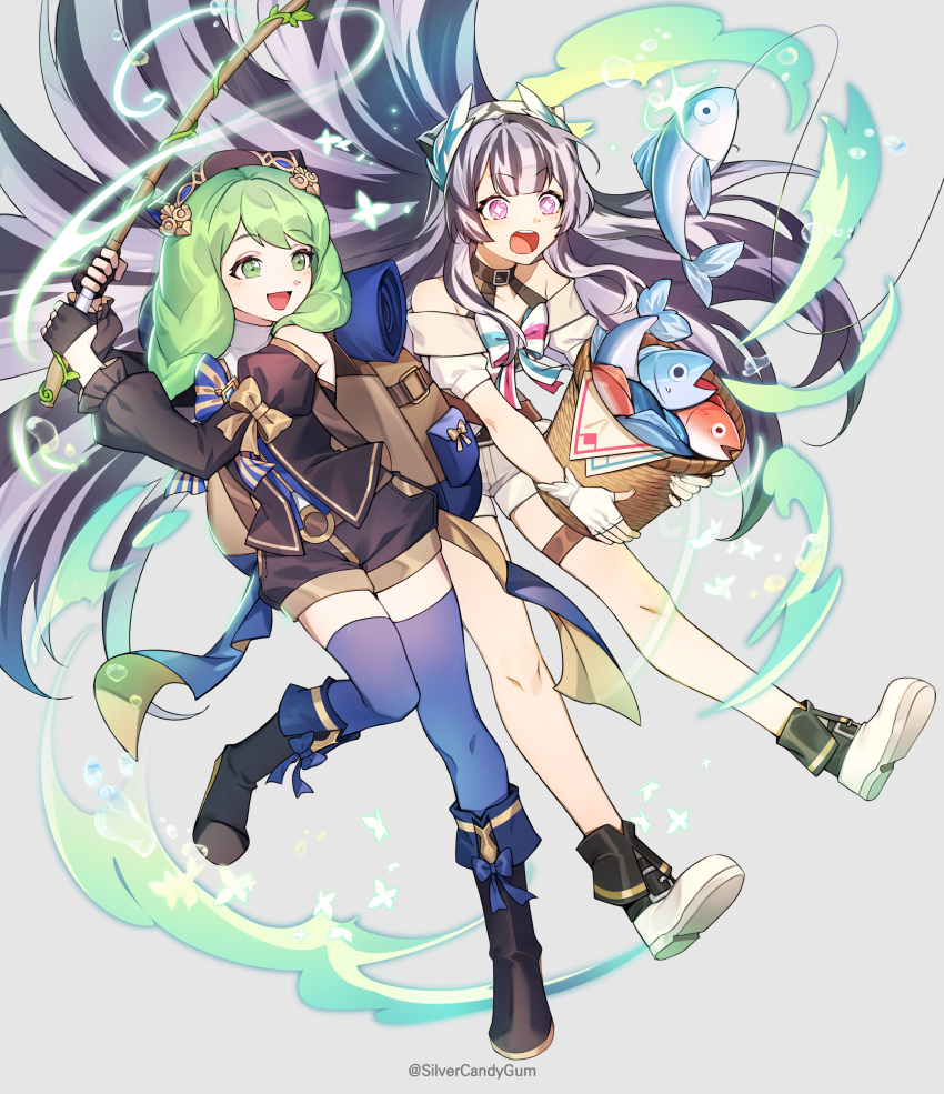 2girls absurdres artist_name bare_shoulders basket black_hair boots commission drill_hair feather_hair_ornament feathers fire_emblem fire_emblem:_three_houses fire_emblem_engage fire_emblem_heroes fish fishing_rod flayn_(fire_emblem) full_body green_eyes green_hair grey_hair hair_ornament highres holding holding_basket long_hair long_sleeves looking_at_viewer multicolored_hair multiple_girls open_mouth petite pixiv_commission shorts silvercandy_gum simple_background smile thigh-highs thigh_strap two-tone_hair very_long_hair veyle_(fire_emblem) violet_eyes
