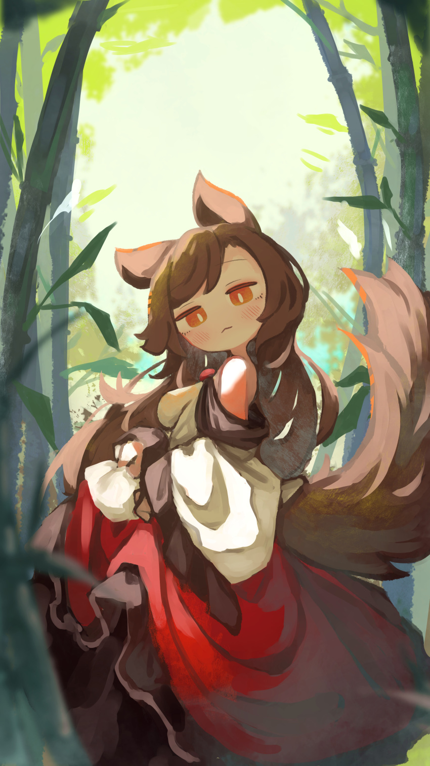 1girl absurdres animal_ears bamboo bamboo_forest blush breasts brown_hair chii_(tsumami_tsumamare) closed_mouth clothes_lift dress dress_lift forest frilled_dress frills highres imaizumi_kagerou lifted_by_self long_hair long_sleeves medium_breasts nature red_dress solo tail touhou white_dress wide_sleeves wolf_ears wolf_tail yellow_eyes