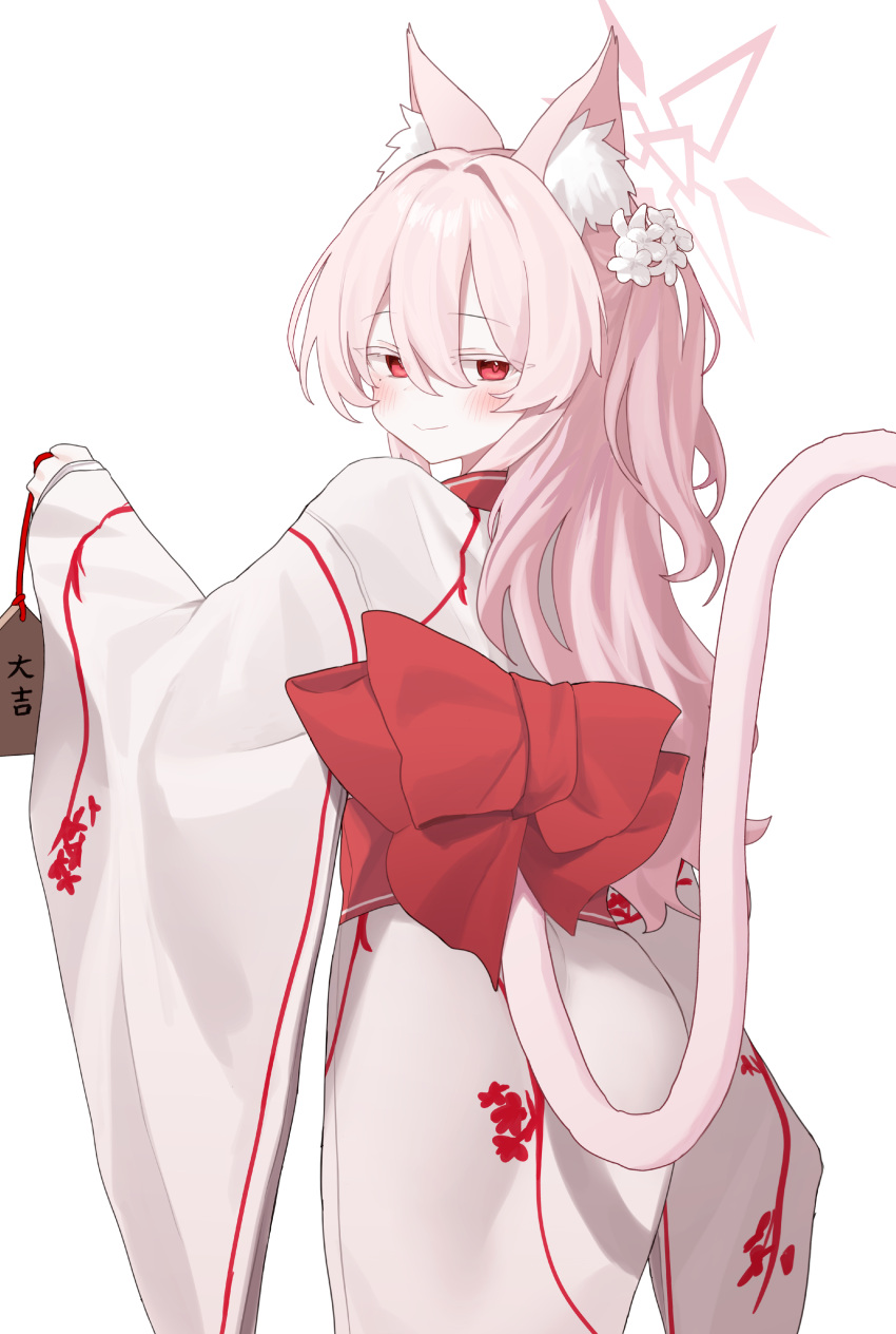 1girl absurdres akira_(blue_archive) albino alternate_costume animal_ear_fluff animal_ears blue_archive blush cat_ears cat_girl cat_tail closed_mouth colored_eyelashes danbal hair_between_eyes halo highres japanese_clothes kimono long_sleeves looking_at_viewer obi pink_hair pink_halo red_eyes sash simple_background smile solo tail white_background white_kimono wide_sleeves