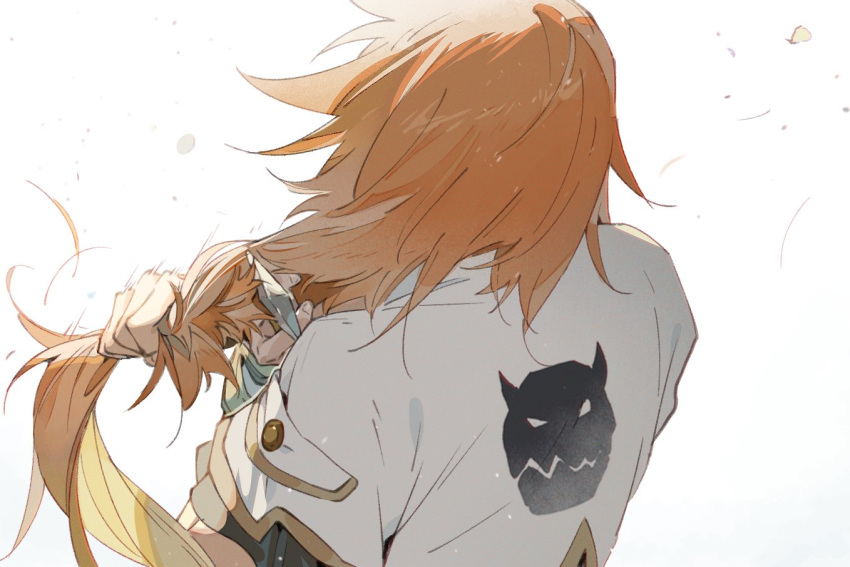 1boy black_shirt brown_gloves buttons cutting_hair cutting_own_hair fingerless_gloves from_behind gloves holding holding_knife holding_own_hair jacket knife long_hair luke_fon_fabre male_focus redhead shirt short_sleeves solo tales_of_(series) tales_of_the_abyss upper_body white_background white_jacket xing_20