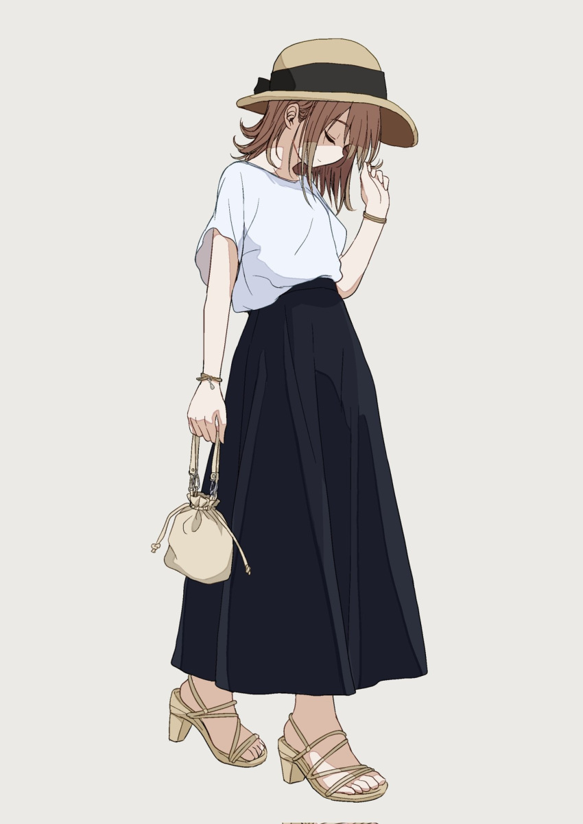 1girl azumaya_toushirou black_skirt brown_hair closed_eyes closed_mouth corrupted_twitter_file full_body hand_up hat high_heels highres holding long_skirt medium_hair original playing_with_own_hair profile sandals shirt short_sleeves simple_background skirt smile standing white_shirt