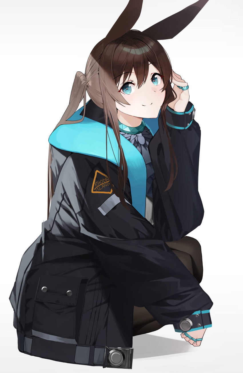 1girl absurdres amiya_(arknights) animal_ears arknights black_jacket black_pantyhose blue_eyes brown_hair closed_mouth full_body gradient_background grey_background hair_between_eyes highres hood hood_down hooded_jacket jacket long_hair long_sleeves looking_at_viewer open_clothes open_jacket pantyhose ponytail puffy_long_sleeves puffy_sleeves rabbit_ears raitho shadow sleeves_past_wrists smile solo squatting very_long_hair white_background