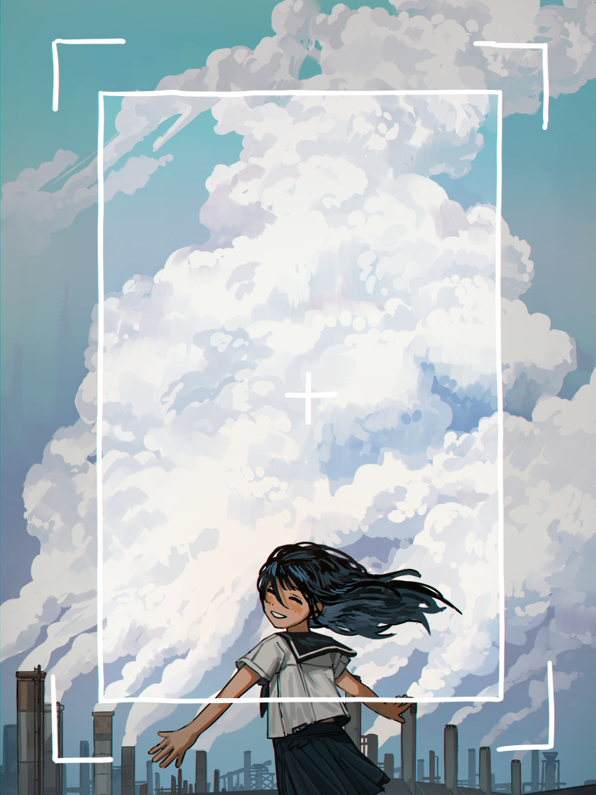 1girl absurdres black_hair black_sailor_collar black_skirt blue_sky blush closed_eyes clouds commentary_request from_behind highres long_hair looking_back myango_(applemangocrape) original outstretched_arms parted_lips pleated_skirt pollution sailor_collar school_uniform serafuku shirt short_sleeves skirt sky smile smoke smokestack solo viewfinder white_shirt