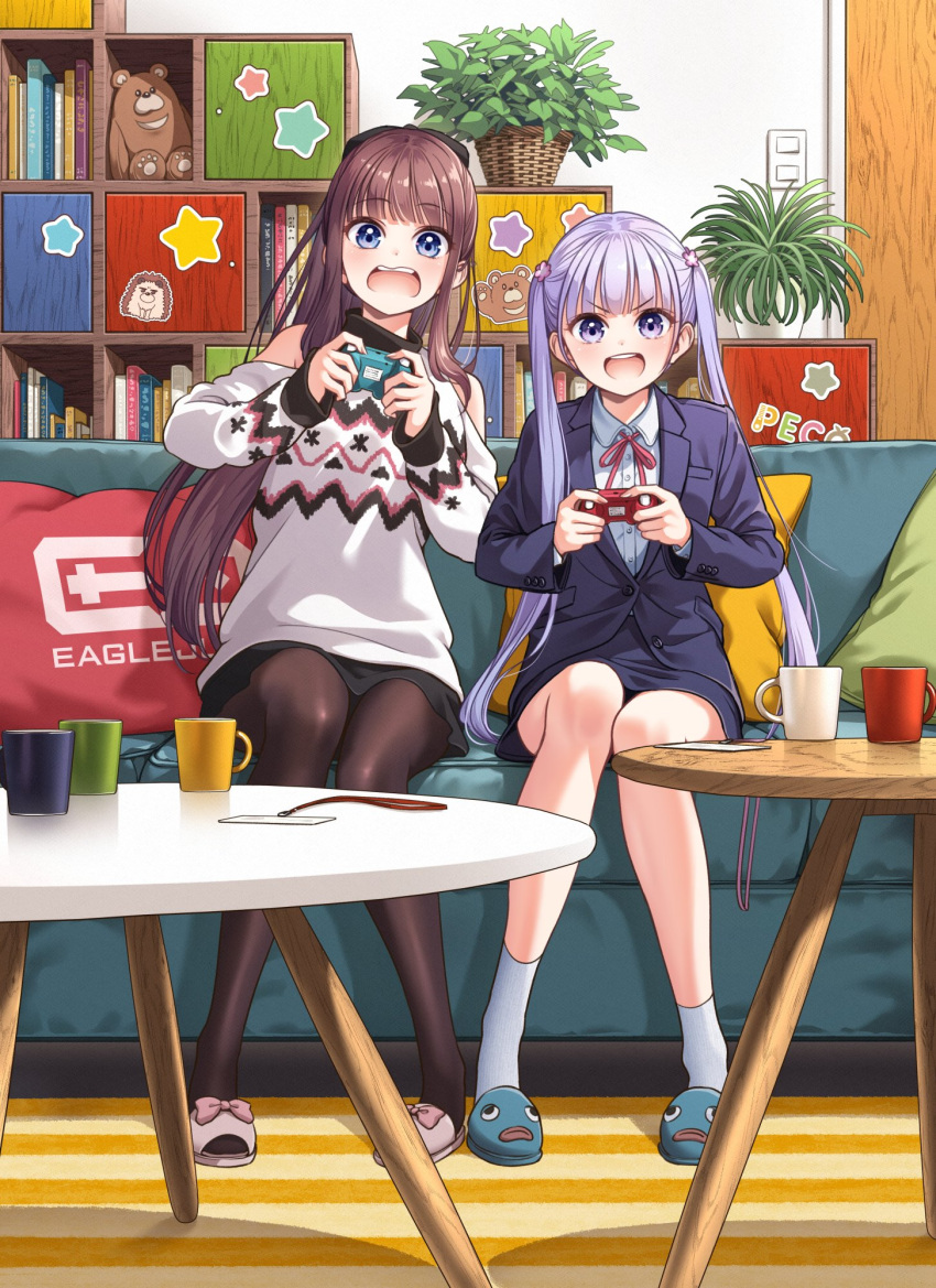 2girls black_skirt blue_eyes blush brown_hair brown_pantyhose buttoned_cuffs collared_shirt controller cup game_controller highres holding holding_controller holding_game_controller long_hair long_sleeves mozuku_(new_game!) multiple_girls new_game! off-shoulder_sweater off_shoulder open_mouth pantyhose playing_games purple_hair shirt sitting skirt slippers smile socks suit suzukaze_aoba sweater takimoto_hifumi teeth tokunou_shoutarou twintails upper_teeth_only violet_eyes white_shirt white_socks white_sweater