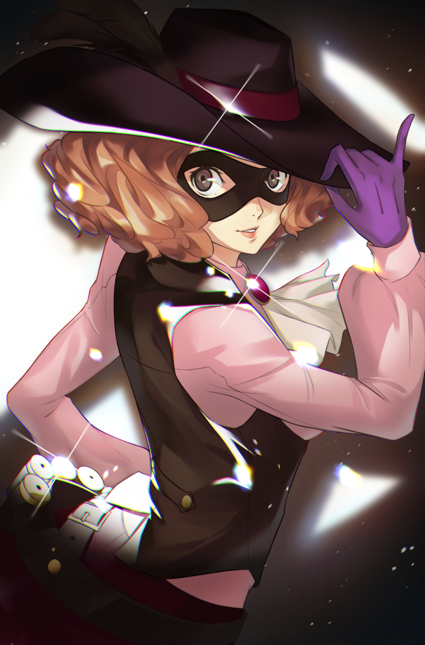 1girl absurdres ascot black_eyes black_headwear black_mask black_vest brown_hair commentary english_commentary gloves grin hat hat_feather highres lips long_sleeves looking_at_viewer mask masked okumura_haru persona persona_5 pink_lips pink_shirt purple_gloves shirt short_hair smile solo vest wanderstillart white_ascot