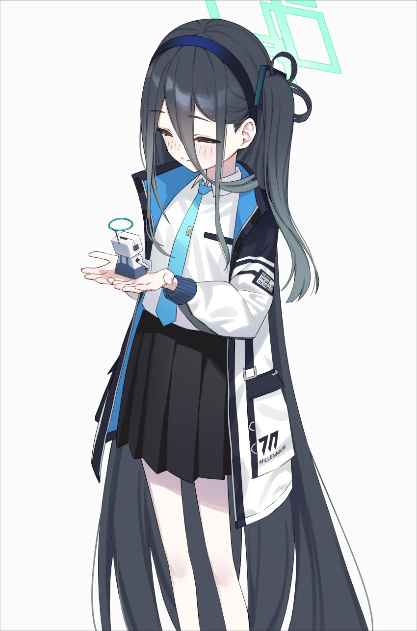 &lt;key&gt;_(robot)_(blue_archive) 1girl absurdly_long_hair absurdres aris_(blue_archive) aruruaaaa bad_anatomy bad_leg black_hair black_hairband black_skirt blue_archive blue_necktie blush closed_eyes closed_mouth collared_shirt green_halo hairband halo highres jacket long_hair long_sleeves necktie one_side_up open_clothes open_jacket pleated_skirt shirt simple_background skirt solo two-sided_fabric two-sided_jacket very_long_hair white_background white_shirt