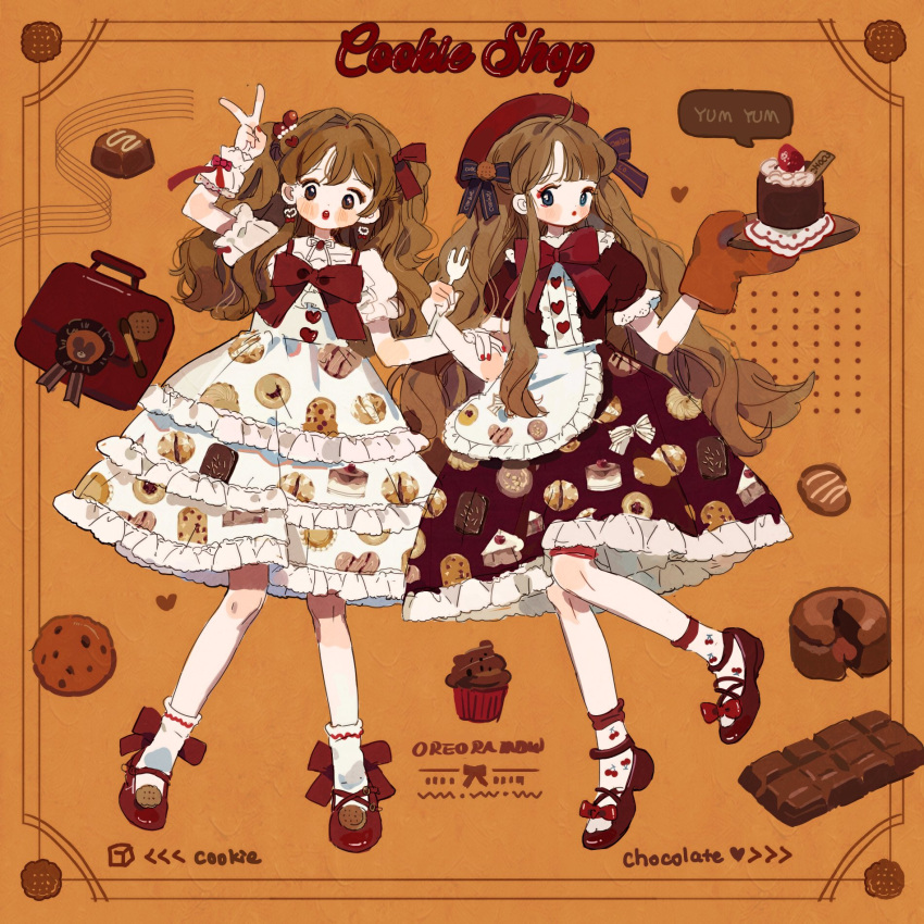 2girls :o ahoge animal_print apron artist_name badge bear_print beret black_bow blue_eyes blush_stickers bow bowtie bridal_garter briefcase brown_bag brown_footwear brown_hair brown_shirt brown_skirt buttons cake candy center_frills cherry_earrings cherry_print chocolate chocolate_bar chocolate_cake collar collared_shirt commentary commission cookie_hair_ornament cookie_print cross-laced_footwear earrings english_commentary english_text eyelashes eyeshadow food food-themed_earrings food-themed_hair_ornament food_print footwear_bow fork frilled_apron frilled_shirt_collar frilled_skirt frills fruit full_body hair_bow hair_bun hair_ornament hand_on_another's_arm hand_up hat heart heart_button heart_earrings high_heels highres holding holding_fork holding_plate jewelry lace-trimmed_sleeves lace_trim layered_skirt lolita_fashion long_hair looking_at_viewer makeup medium_skirt mittens multiple_girls napkin neck_ribbon open_mouth orange_background orange_mittens original oven_mitts plate puffy_short_sleeves puffy_sleeves pumps putong_xiao_gou red_bow red_bowtie red_eyeshadow red_footwear red_garter_belt red_headwear red_lips ribbon shirt short_sleeves single_mitten single_side_bun skirt skirt_set socks speech_bubble strawberry strawberry_hair_ornament striped striped_bow teeth two_side_up upper_teeth_only v waist_apron wavy_hair white_apron white_collar white_ribbon white_shirt white_skirt white_socks