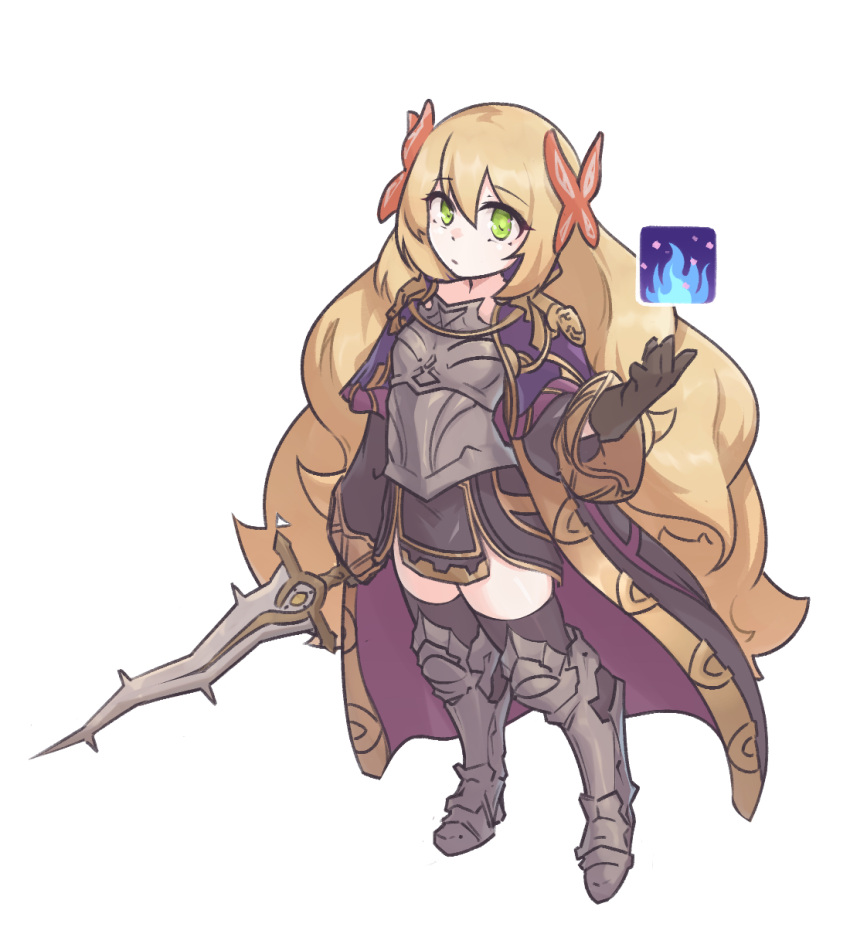 1girl alternate_costume armor armored_dress black_dress black_thighhighs blonde_hair breastplate brown_gloves butterfly_hair_ornament celine_(fire_emblem) dress fire_emblem fire_emblem_engage full_body gloves green_eyes hair_ornament highres holding holding_sword holding_weapon levin_sword long_hair long_sleeves looking_at_viewer open_clothes open_robe pflglcht robe solo sword thigh-highs very_long_hair weapon white_background wide_sleeves