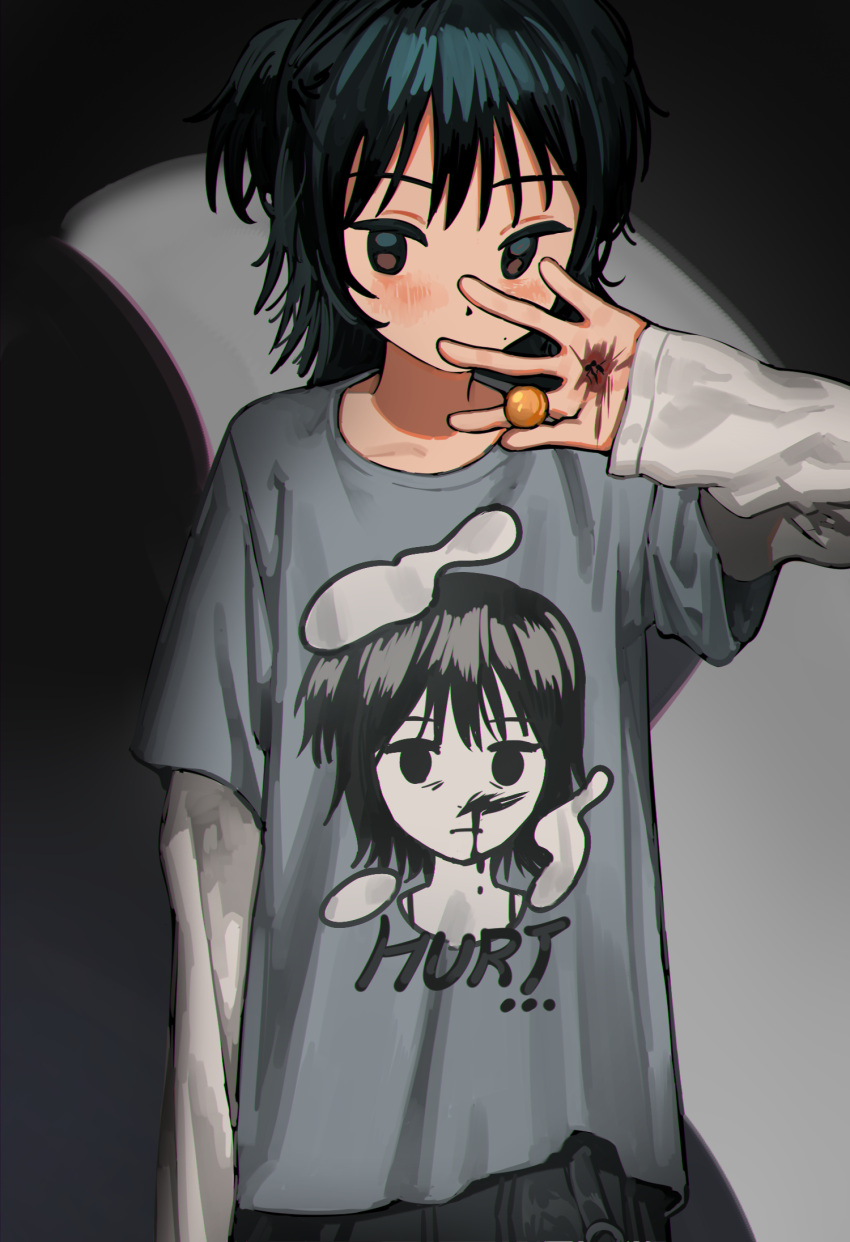 ... 1girl black_hair blush brown_eyes candy commentary english_commentary english_text food grey_background grey_shirt hand_up highres holding holding_food layered_sleeves lollipop long_sleeves looking_at_viewer medium_hair mole mole_on_cheek myango_(applemangocrape) one_side_up original print_shirt shirt short_over_long_sleeves short_sleeves simple_background solo white_shirt