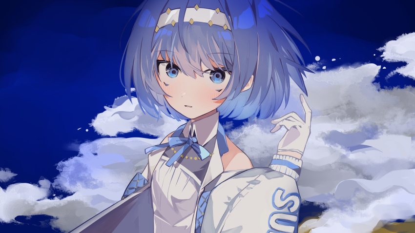 1girl absurdres blue_background blue_eyes blue_hair blush bob_cut cevio clothing_cutout clouds collar_chain_(jewelry) commentary_request floating_hair gloves hairband hand_up highres index_finger_raised jacket long_sleeves looking_at_viewer open_clothes open_jacket parted_lips puffy_long_sleeves puffy_sleeves sanpaku shirt short_hair shoulder_cutout solo suzuki_tsudumi toasu upper_body white_gloves white_hairband white_jacket white_shirt