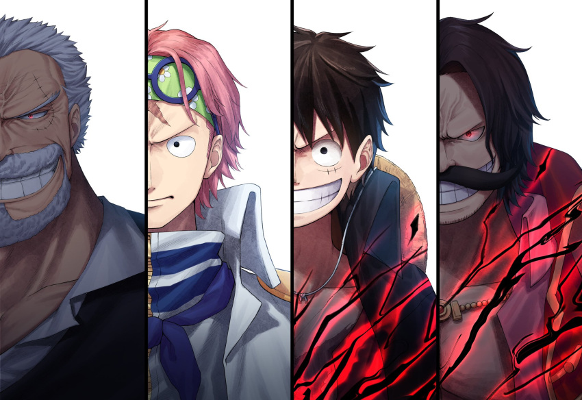 4boys bashauma_(bashaumaop) beard black_eyes black_hair closed_mouth collarbone commentary_request epaulettes eyewear_on_head facial_hair glasses gol_d._roger hat headband highres koby_(one_piece) looking_at_viewer male_focus monkey_d._garp monkey_d._luffy multiple_boys mustache one_piece pink_hair round_eyewear scar scar_on_cheek scar_on_face short_hair simple_background smile straw_hat teeth unworn_hat unworn_headwear white_background white_hair