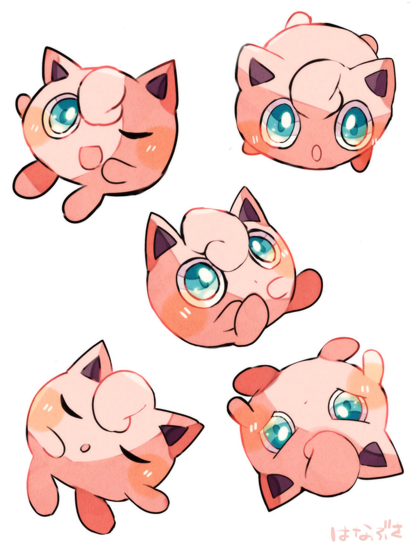 :d :o animal_focus blue_eyes closed_eyes colored_skin commentary_request dot_mouth hanabusaoekaki highres jigglypuff multiple_views no_humans one_eye_closed open_mouth pink_skin pokemon pokemon_(creature) sitting sleeping smile upside-down