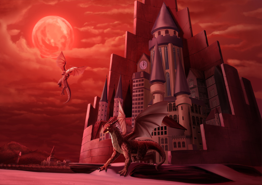 building castle clock clouds dragon highres moon night no_humans red_moon red_theme scenery shouu western_dragon