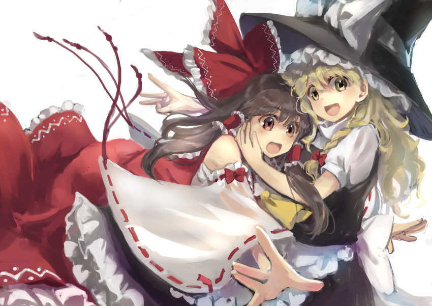 2girls absurdres apron ascot black_headwear black_skirt black_vest blonde_hair bow braid brown_eyes brown_hair commentary detached_sleeves english_commentary frilled_bow frilled_hair_tubes frills hair_bow hair_tubes hakurei_reimu hat hat_bow highres kirisame_marisa long_hair mixed-language_commentary multiple_girls nyonsuke open_mouth red_bow red_skirt ribbon-trimmed_sleeves ribbon_trim short_sleeves side_braid simple_background single_braid skirt skirt_set smile touhou vest waist_apron white_background white_bow witch_hat yellow_ascot yellow_eyes
