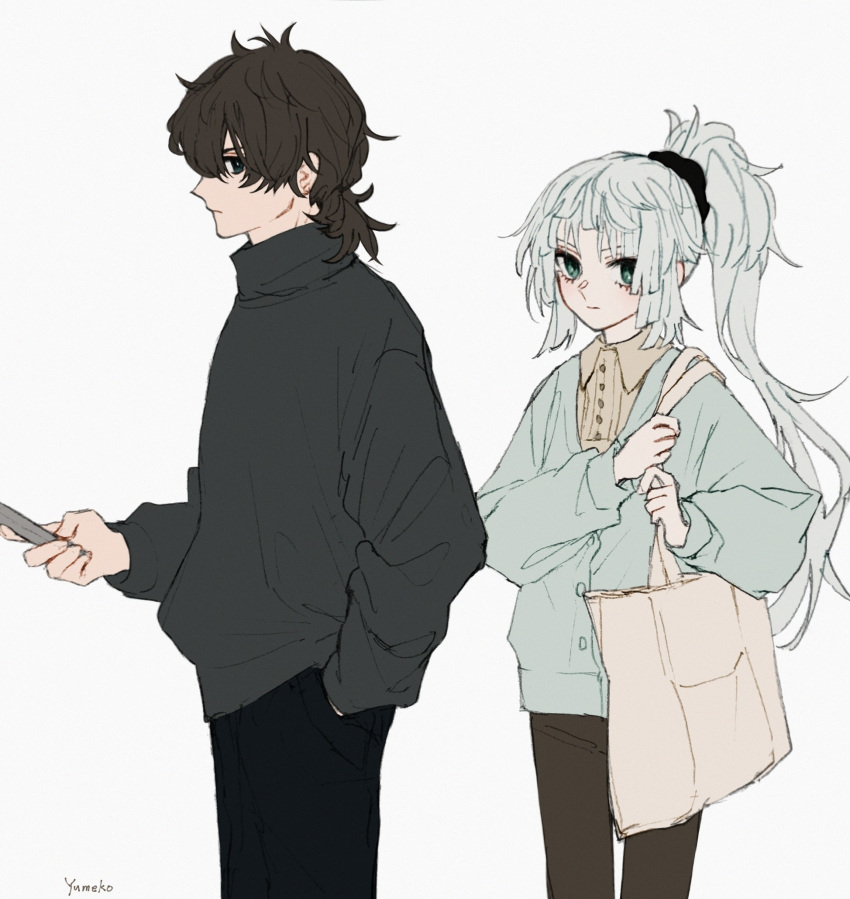1boy 1girl alternate_costume aqua_sweater bag black_eyes black_hair black_pants black_sweater brown_shirt buttons cellphone closed_mouth collared_shirt commentary_request contemporary fate/samurai_remnant fate_(series) fgo39625963 green_eyes grey_hair hand_in_pocket highres holding holding_bag holding_phone long_hair long_sleeves looking_at_viewer miyamoto_iori_(fate) pants phone ponytail profile shirt short_ponytail signature simple_background sweater turtleneck turtleneck_sweater very_long_hair yui_shousetsu_(fate)