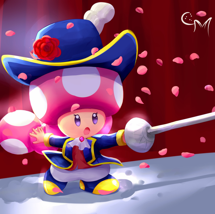 1girl absurdres aristocratic_clothes ascot blue_headwear cookiemixtle cosplay eyelashes fencing flower hat hat_feather hat_flower highres holding holding_sword holding_weapon left-handed open_mouth pants petals ponytail princess_peach:_showtime! rapier red_curtains red_flower red_rose red_vest rose rose_petals solo super_mario_bros. sword swordfighter_peach swordfighter_peach_(cosplay) toadette vest violet_eyes weapon white_ascot white_pants