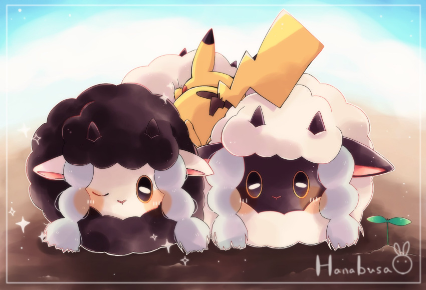alternate_color animal_focus artist_name black_eyes border bright_pupils colored_sclera colored_skin commentary_request hanabusaoekaki highres horizontal_pupils no_humans one_eye_closed pikachu pokemon pokemon_(creature) sheep shiny_pokemon sparkle sprout tail white_border white_pupils wooloo yellow_sclera yellow_skin