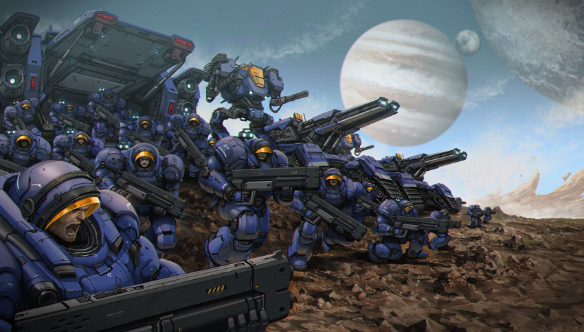 6+boys aiming armor blue_sky caterpillar_tracks charging_forward cho_yonghee clouds commentary day desert english_commentary facial_hair gatling_gun goliath_(starcraft) gun highres holding holding_gun holding_weapon marine_(starcraft) mecha military military_vehicle missile_pod moon motor_vehicle multiple_boys on_one_knee open_mouth outdoors planet power_armor robot science_fiction shouting siege_tank_(starcraft) sky soldier space_marine starcraft stubble tank walker_(robot) weapon