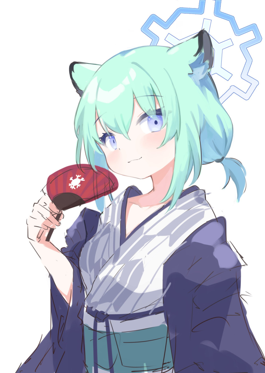 1girl absurdres animal_ear_fluff animal_ears blue_archive blush closed_mouth green_hair hair_between_eyes halo hand_fan highres holding holding_fan japanese_clothes kimono klaius looking_at_viewer obi ponytail sash shigure_(blue_archive) shigure_(hot_spring)_(blue_archive) short_ponytail simple_background sketch solo weasel_ears weasel_girl white_background wide_sleeves yukata