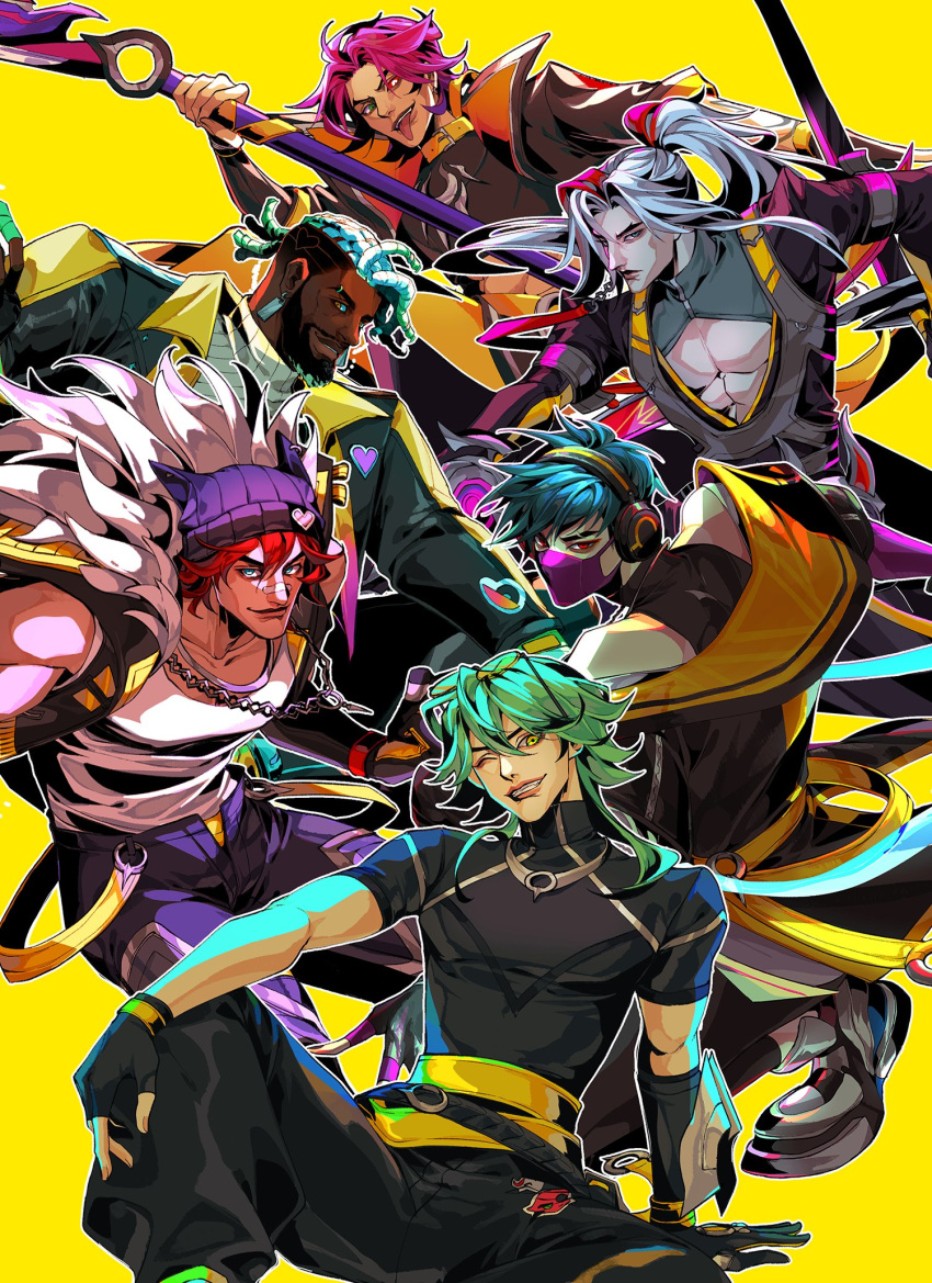 6+boys aphelios aqua_hair bandaid bandaid_on_face bandaid_on_nose black_gloves blue_eyes bow brown_eyes brown_hair closed_mouth colored_sclera dark-skinned_male dark_skin ezreal fingerless_gloves gloves green_eyes hair_between_eyes heartsteel_aphelios heartsteel_ezreal heartsteel_k'sante heartsteel_kayn heartsteel_sett heartsteel_yone heterochromia highres holding holding_scythe jjolee k'sante_(league_of_legends) kayn_(league_of_legends) league_of_legends long_hair looking_at_viewer male_focus multicolored_hair multiple_boys muscular muscular_male official_alternate_costume official_alternate_hairstyle one_eye_closed open_mouth purple_hair red_bow red_eyes red_sclera scythe serious sett_(league_of_legends) short_hair sidelocks simple_background smile teeth tongue tongue_out two-tone_hair white_eyes white_hair yellow_background yellow_eyes yone_(league_of_legends)
