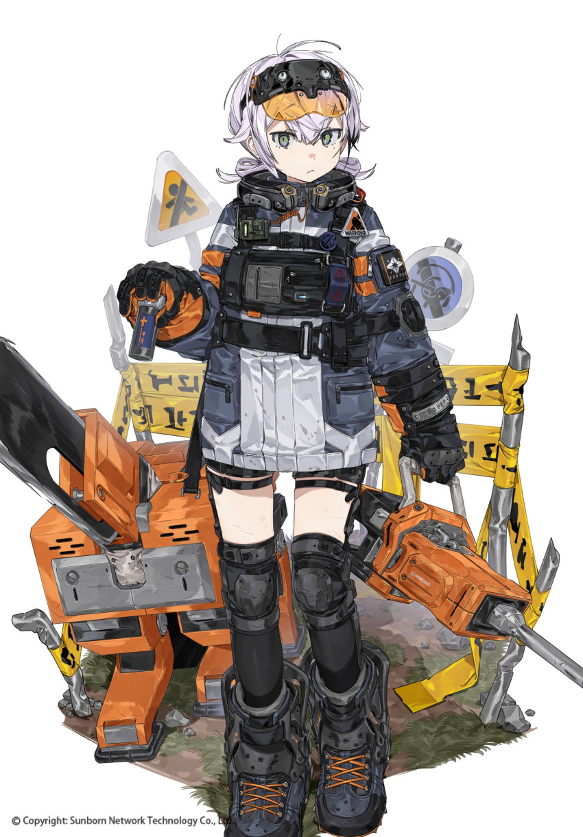 1girl black_footwear black_gloves caution_tape closed_mouth dirty dirty_clothes gloves goggles goggles_on_head green_eyes grey_hair highres holding ierotak knee_pads long_sleeves looking_at_viewer original sign solo standing white_background