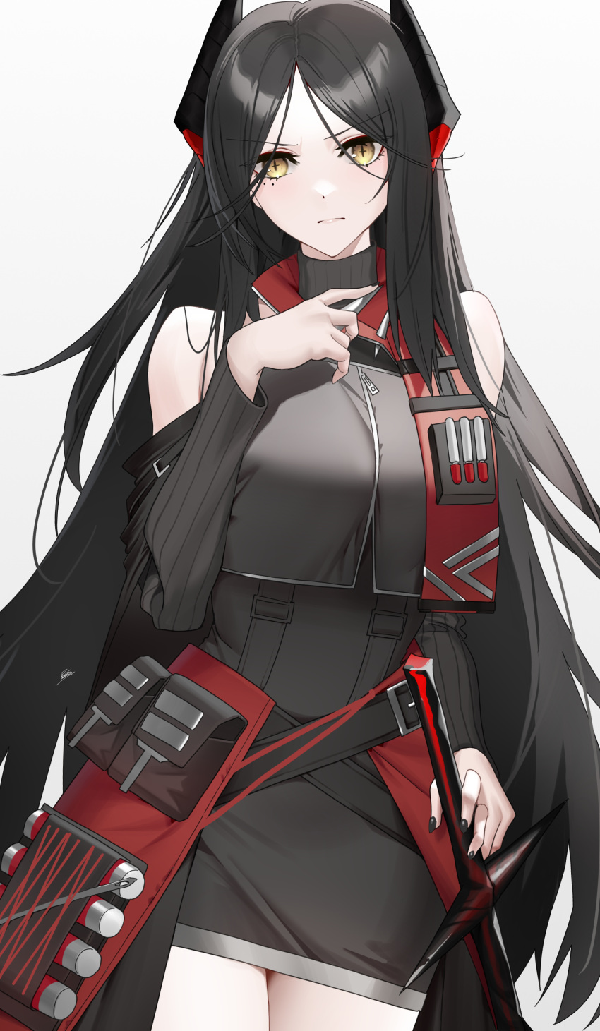 &gt;:( 1girl absurdres arknights bare_shoulders black_dress black_hair black_jacket black_nails closed_mouth crop_top crop_top_overhang cropped_jacket dress frown grey_background hand_up highres ines_(arknights) jacket long_hair long_sleeves looking_at_viewer nail_polish parted_bangs raitho simple_background solo standing sword v-shaped_eyebrows very_long_hair weapon yellow_eyes