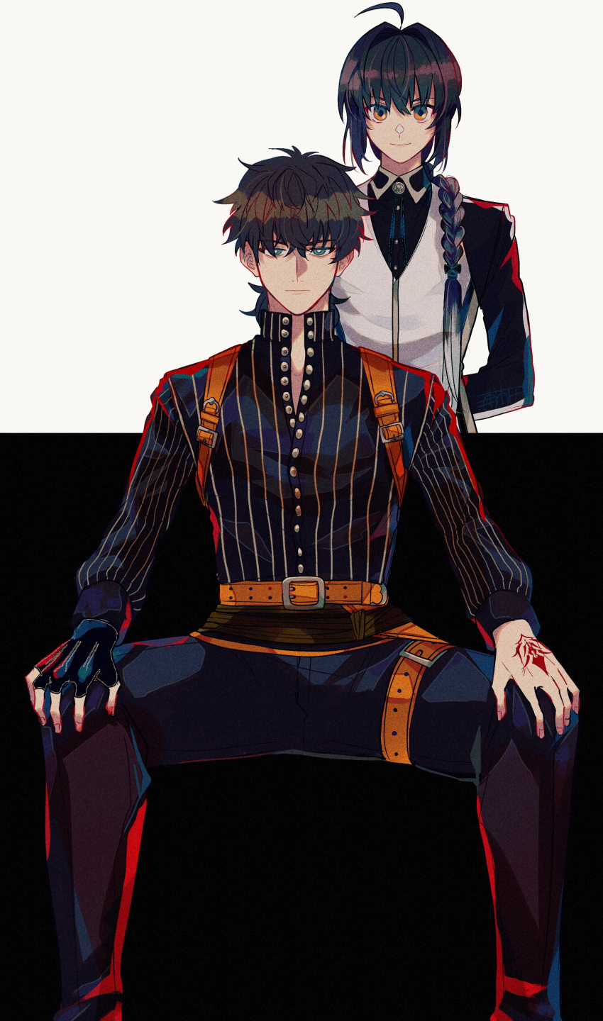 1boy 1other absurdres ahoge androgynous arms_behind_back belt black_hair black_pants black_shirt bolo_tie braid brown_belt chinese_commentary command_spell commentary_request dress_pants dress_shirt fate/samurai_remnant fate_(series) fingerless_gloves gloves green_eyes hair_between_eyes hair_intakes hands_on_own_knees highres holster light_smile looking_at_viewer miyamoto_iori_(fate) multicolored_hair orange_eyes pants partially_unbuttoned ponytail saber_(fate/samurai_remnant) shirt shoulder_holster sidelocks single_braid single_fingerless_glove sitting striped striped_shirt two-tone_background two-tone_hair u_5ham0 vertical-striped_shirt vertical_stripes vest white_vest