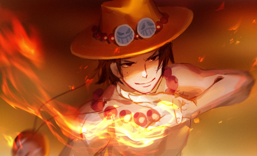 1boy bead_necklace beads black_eyes black_hair closed_mouth commentary_request cowboy_hat dywx_poison fire freckles hat jewelry male_focus necklace one_piece portgas_d._ace short_hair smile solo topless_male