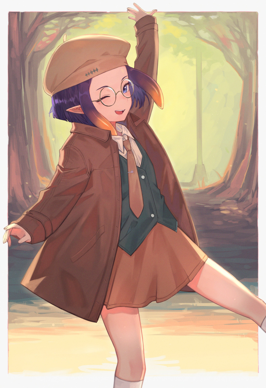 1girl absurdres alternate_costume arm_up bare_legs blue_eyes brown_coat brown_headwear brown_necktie brown_skirt coat commentary forehead gradient_hair green_vest highres hololive hololive_english kiwwwwwi lamppost long_hair long_sleeves looking_at_viewer mole mole_under_eye multicolored_hair necktie ninomae_ina'nis orange_hair outdoors pointy_ears purple_hair short_hair skirt socks solo symbol-only_commentary tentacle_hair tentacles tree vest virtual_youtuber white_socks