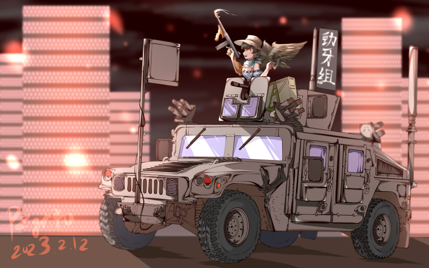 1girl absurdres bandana bird_wings black_hair black_wings blurry blurry_background brown_headwear car chinese_commentary commentary_request cowboy_shot dated gun highres holding holding_gun holding_weapon kurokoma_saki military military_vehicle motor_vehicle pzgr.40 red_eyes short_hair signature solo touhou weapon white_bandana wide_shot wings