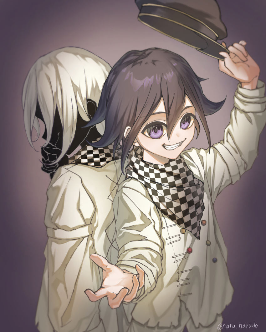 2boys absurdres arm_up artist_name back-to-back black_headwear black_skin buttons checkered_clothes checkered_scarf colored_skin danganronpa_(series) danganronpa_v3:_killing_harmony double-breasted gradient_background grey_jacket grin hair_between_eyes hat highres holding holding_clothes holding_hat jacket long_sleeves multiple_boys narudo_(urhv8357) oma_kokichi pants pink_eyes purple_hair scarf smile teeth torn_clothes torn_jacket white_hair white_pants