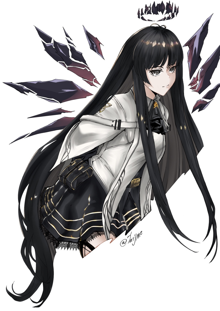1girl antenna_hair arknights arms_behind_back artist_name ascot belt belt_buckle belt_pouch black_ascot black_belt black_garter_straps black_hair black_halo black_outline black_pouch black_skirt black_wings blunt_bangs breasts bright_pupils broken_halo buckle closed_mouth collared_jacket colored_inner_hair commentary cowboy_shot cropped_legs dark_halo detached_wings dress_shirt energy_wings english_commentary eyelashes from_side garter_straps grey_eyes grey_hair grey_shirt halo highres hime_cut jacket layered_sleeves leaning leaning_forward light_smile long_hair long_sleeves looking_afar looking_ahead medium_breasts miniskirt mole mole_under_eye multicolored_hair outline pale_skin pleated_skirt pouch shirt short_over_long_sleeves short_sleeved_jacket short_sleeves sidelocks signature simple_background skirt solo standing tarjime twitter_username two-tone_hair very_long_hair virtuosa_(arknights) white_background white_belt white_jacket white_pupils wide_sleeves wing_collar wings zettai_ryouiki