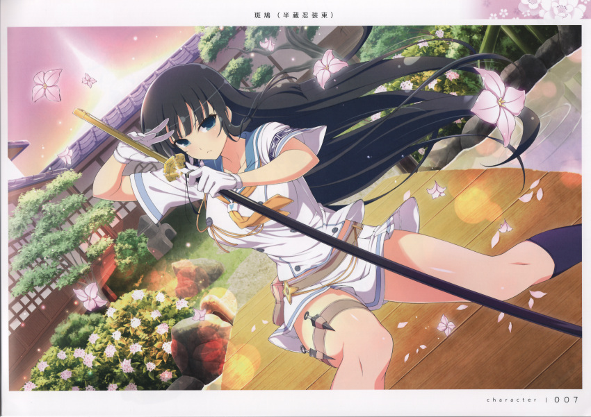 1girl absurdres belt_pouch black_hair breasts closed_mouth flower gloves highres holding ikaruga_(senran_kagura) katana kunai loafers long_hair looking_at_viewer medium_breasts official_art outdoors page_number pouch scan school_uniform senran_kagura senran_kagura_new_link sheath sheathed shoes short_sleeves simple_background skirt socks solo sword thigh_strap weapon yaegashi_nan