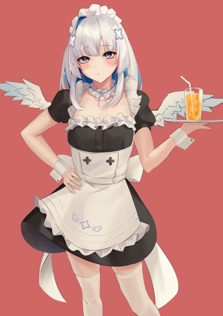 1girl absurdres amane_kanata apron blue_hair blush breasts closed_mouth colored_inner_hair commentary_request cup feathered_wings feet_out_of_frame hand_on_own_hip highres holding holding_tray hololive long_hair looking_at_viewer maid maid_apron maid_headdress multicolored_hair neck_garter pink_background pink_hair puffy_short_sleeves puffy_sleeves short_sleeves simple_background single_hair_intake small_breasts smallpine_7 solo standing streaked_hair thigh-highs tray violet_eyes virtual_youtuber white_hair white_thighhighs white_wings wings wrist_cuffs