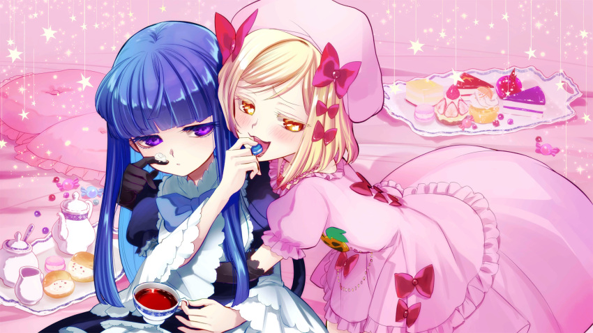 2girls bed black_dress black_gloves blonde_hair blue_bow blue_bowtie blue_hair blunt_bangs blush bow bowtie cake cake_slice candy cat_tail closed_mouth cowboy_shot cup dress elbow_gloves expressionless food frederica_bernkastel gloves hair_between_eyes highres holding holding_cup indoors jewelry lambdadelta lolita_fashion long_hair long_sleeves looking_at_another looking_at_viewer multiple_girls natsumi_kei necklace official_art open_mouth pillow pink_dress pink_headwear plate red_bow scone second-party_source short_hair sitting tail teapot umineko_no_naku_koro_ni violet_eyes wide_sleeves witch yellow_eyes yuri