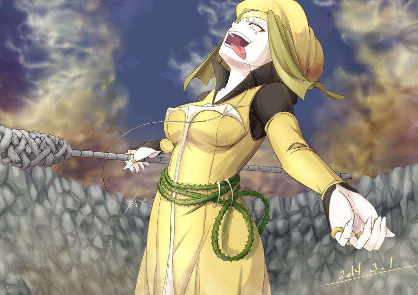 1girl anti-eyebrow_piercing belt breasts clouds commentary crater crazy_smile cross dated detached_sleeves dress eyebrow_piercing gold_ring green_belt habit highres holding holding_polearm holding_weapon jewelry long_sleeves medium_breasts mu-_(tel445566) multiple_rings nun open_mouth outdoors piercing plant polearm ring sky sleeveless sleeveless_dress smile solo spikes teeth toaru_majutsu_no_index toaru_majutsu_no_index:_old_testament tongue tongue_out tongue_piercing vent_of_the_front vines weapon yellow_dress yellow_headwear yellow_sleeves