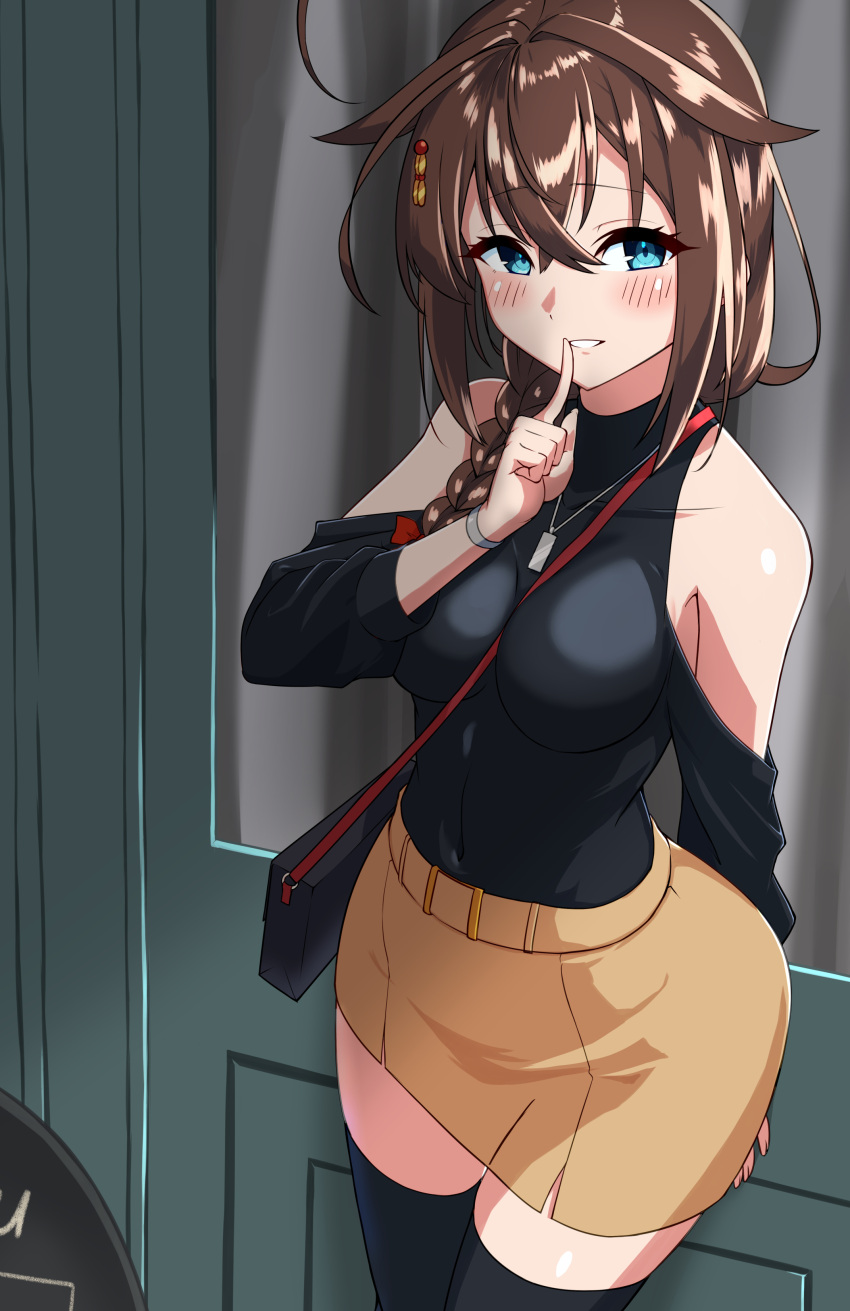 1girl absurdres ahoge alternate_costume bag between_breasts black_shirt black_thighhighs blue_eyes braid breasts brown_hair detached_sleeves door finger_to_mouth hair_flaps hair_over_shoulder highres jewelry kantai_collection medium_breasts necklace shiba_(zudha) shigure_(kancolle) shigure_kai_san_(kancolle) shirt shoulder_bag single_braid solo strap_between_breasts thigh-highs turtleneck