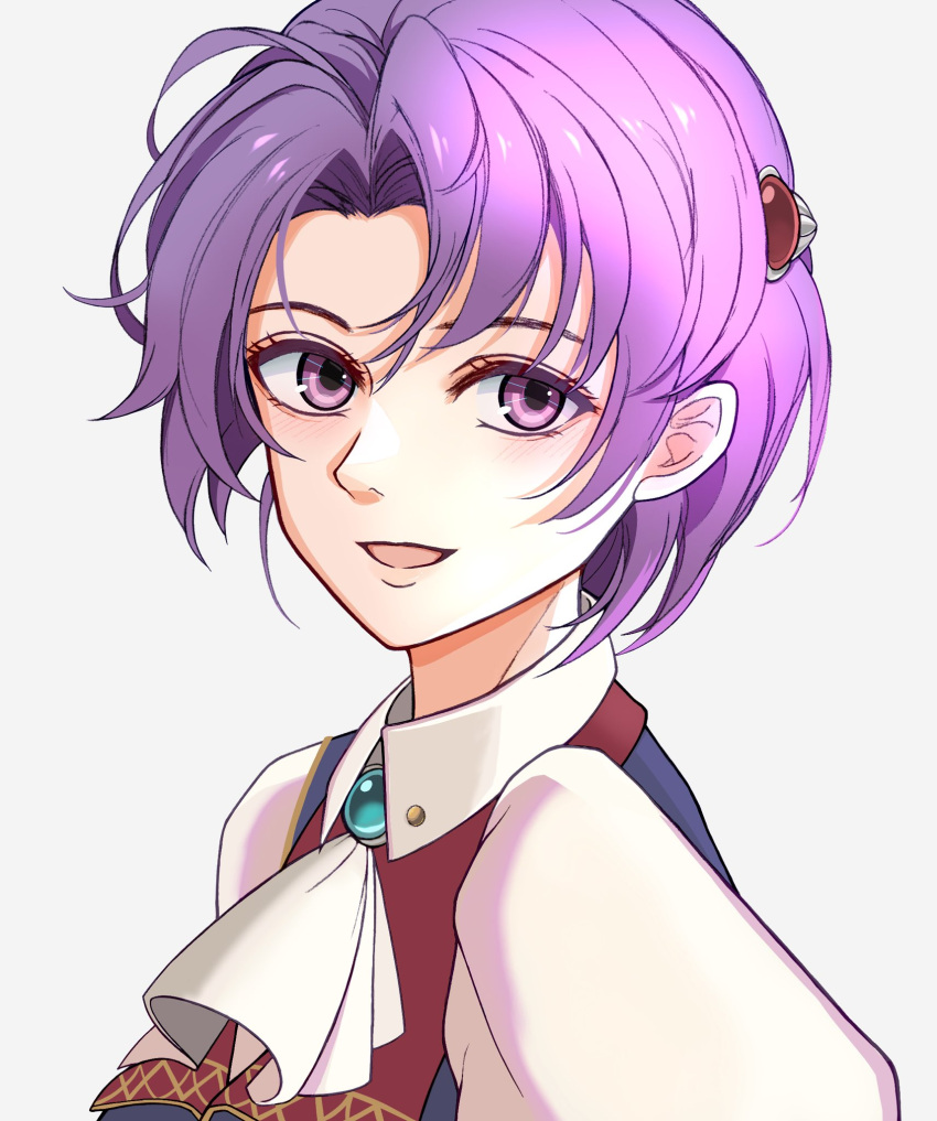 1girl brooch curtained_hair eiyuu_densetsu hair_ornament hairpin highres jewelry kloe_rinz looking_at_viewer open_mouth portrait purple_hair riwancece_428 short_hair simple_background smile solo sora_no_kiseki upper_body violet_eyes white_background