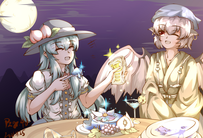 2girls ;d animal_ear_piercing banknote bird_wings black_headwear blue_hair blue_headwear brown_kimono center_frills chinese_commentary commentary_request cup dollar_bill drinking_glass food frills full_moon highres hinanawi_tenshi holding holding_spoon japanese_clothes kimono long_hair long_sleeves looking_at_another money moon multiple_girls mystia_lorelei okamisty one_eye_closed outdoors peach_hat_ornament plate pzgr.40 red_eyes shirt short_hair short_sleeves sidelocks smile spoon touhou touhou_mystia's_izakaya white_shirt wings