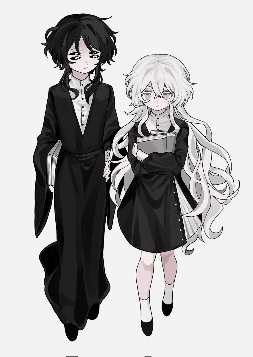 1boy 1girl black_dress black_footwear black_hair black_sclera book charlotte_wiltshire cloak colored_sclera dress formal frei_(hello_charlotte) full_body grey_eyes hello_charlotte highres holding holding_book long_hair long_sleeves looking_at_another sesam344 shirt short_hair_with_long_locks socks wavy_hair white_cloak white_eyes white_hair white_shirt white_socks